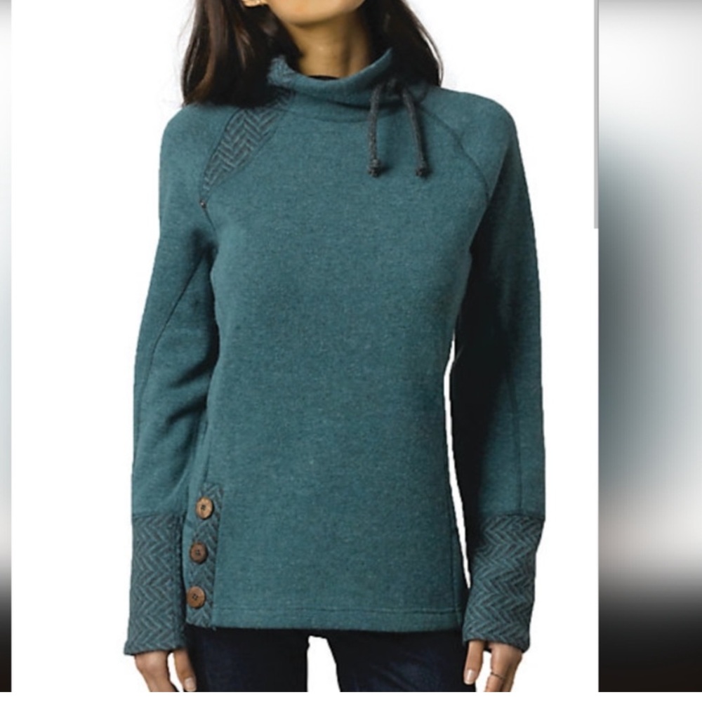 Prana Lucia Wool Sweater teal green M medium turtleneck button